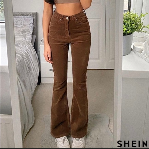 High Waist Cord Flare Leg Pants Without 